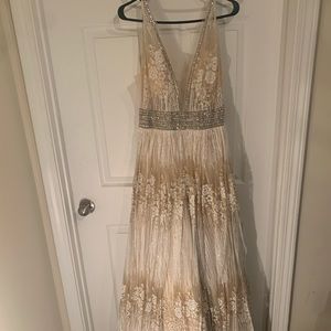 Nude floral rhinestone prom dress